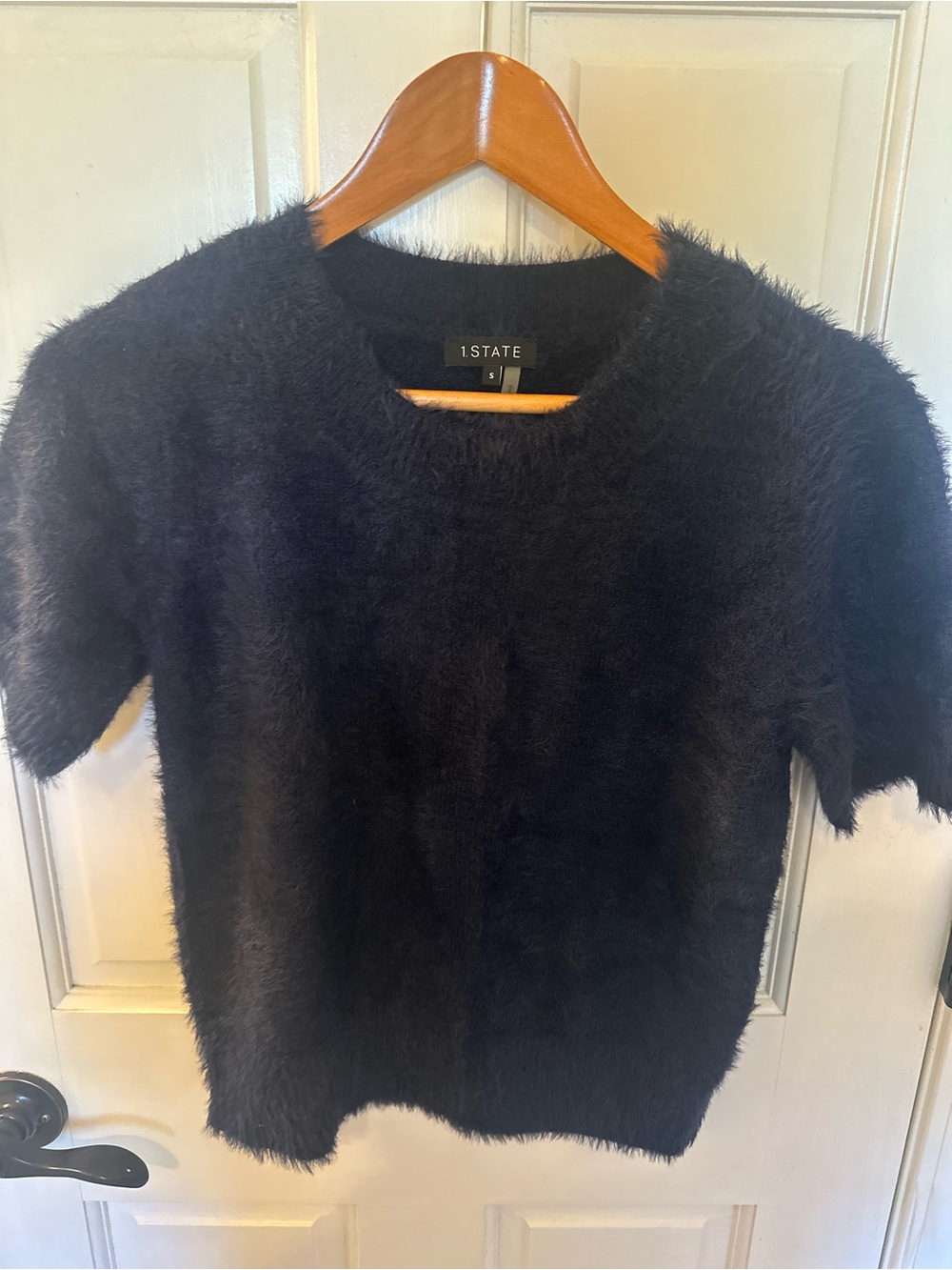 1. State Black Fuzzy Short-Sleeve Crew Sweater